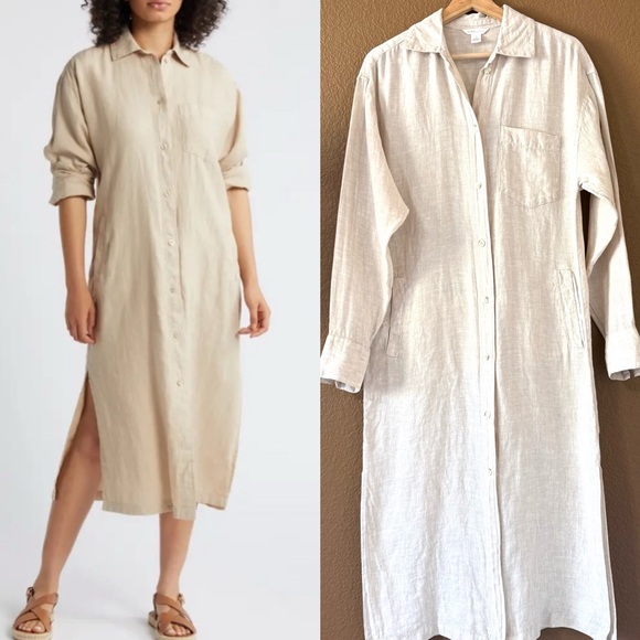 Caslon Dresses & Skirts - Caslon Linen Duster Long Sleeves Shirt Midi Dress Light Beige Tan Side Slit Sz M